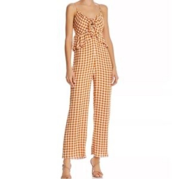SAYLOR Laken Gingham Checkered Ruffled Jumpsuit Apricot Tan Sz XS - Picture 1 of 7